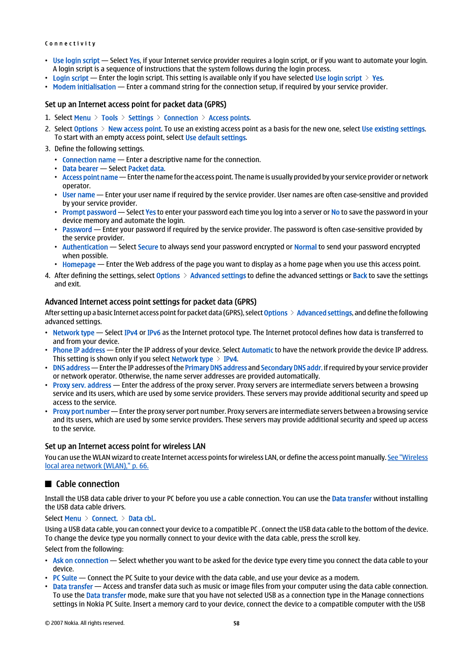 Set up an internet access point for wireless lan, Cable connection, Gprs) | Nokia E65 User Manual | Page 58 / 99