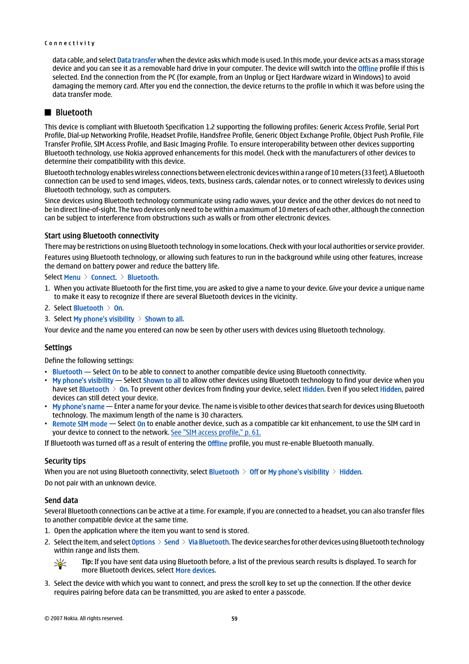 Bluetooth, Start using bluetooth connectivity, Settings | Security tips, Send data | Nokia E65 User Manual | Page 59 / 99