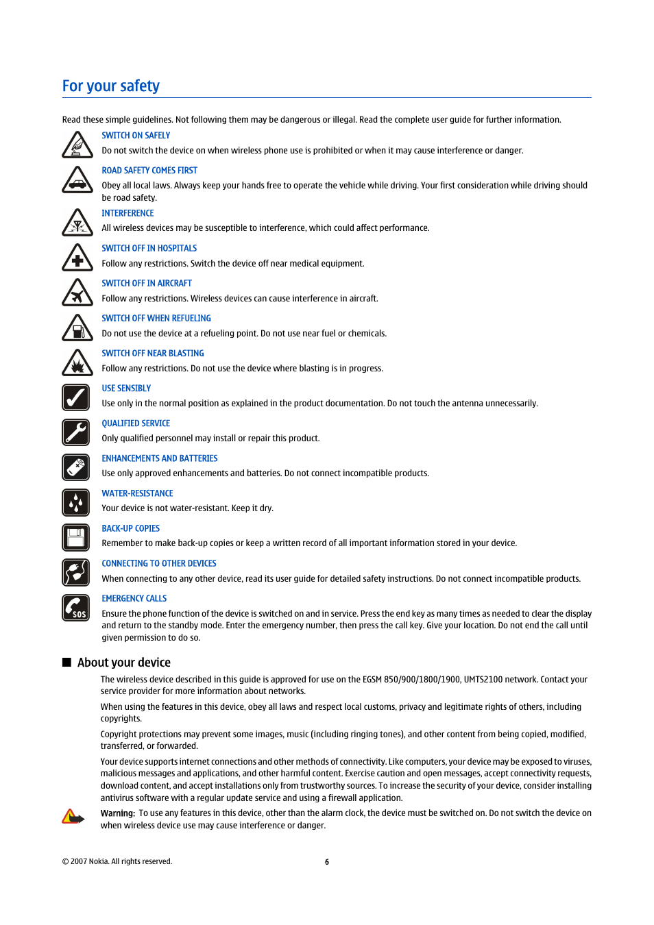 For your safety, About your device | Nokia E65 User Manual | Page 6 / 99