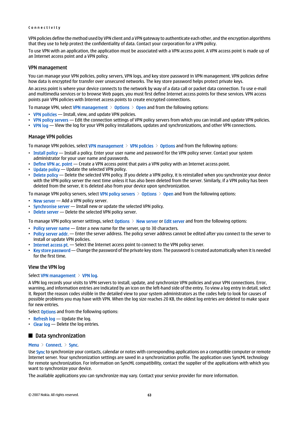 Vpn management, Manage vpn policies, View the vpn log | Data synchronization | Nokia E65 User Manual | Page 63 / 99