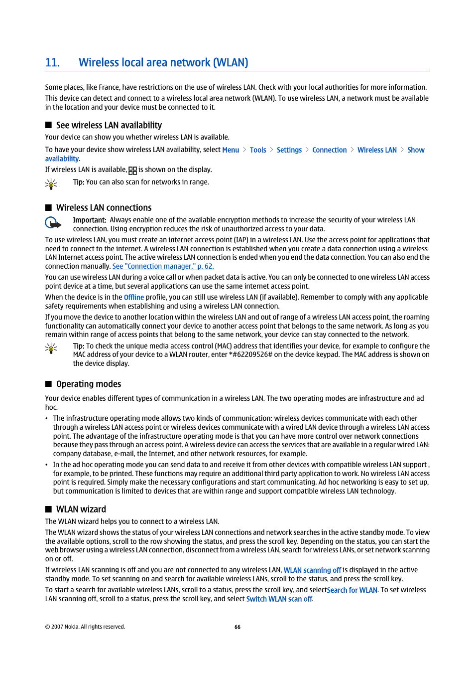 Wireless local area network (wlan), See wireless lan availability, Wireless lan connections | Operating modes, Wlan wizard | Nokia E65 User Manual | Page 66 / 99