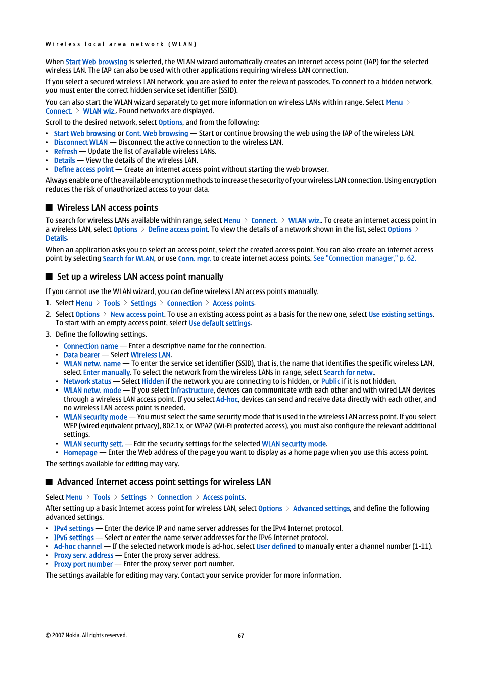 Wireless lan access points, Set up a wireless lan access point manually | Nokia E65 User Manual | Page 67 / 99