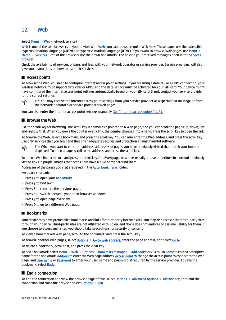 Access points, Browse the web, Bookmarks | End a connection | Nokia E65 User Manual | Page 68 / 99