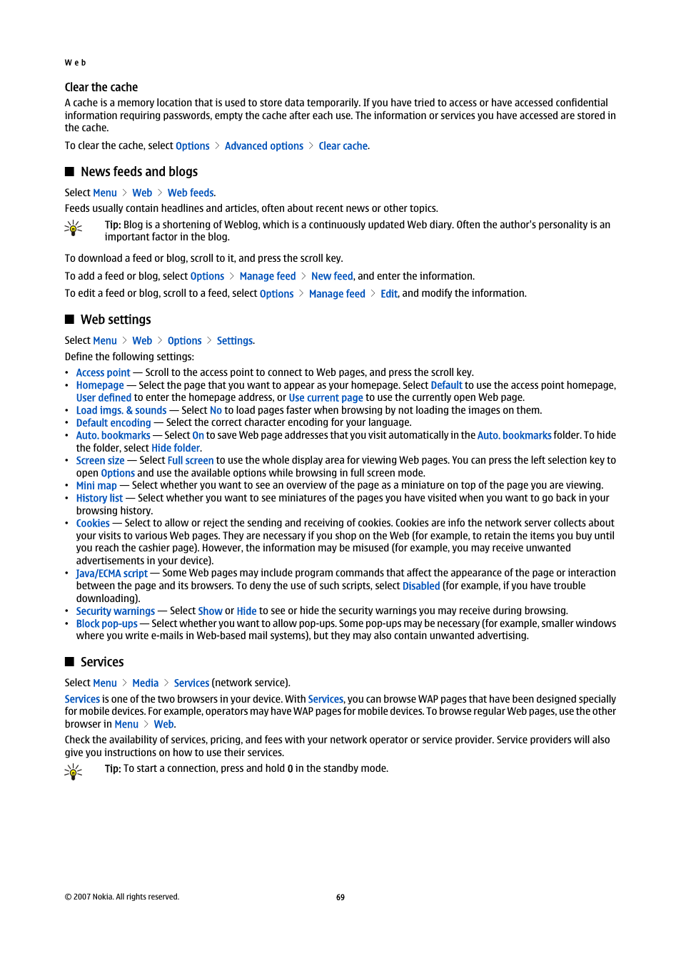 Clear the cache, News feeds and blogs, Web settings | Services | Nokia E65 User Manual | Page 69 / 99