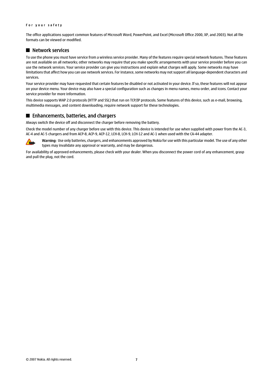Network services, Enhancements, batteries, and chargers | Nokia E65 User Manual | Page 7 / 99