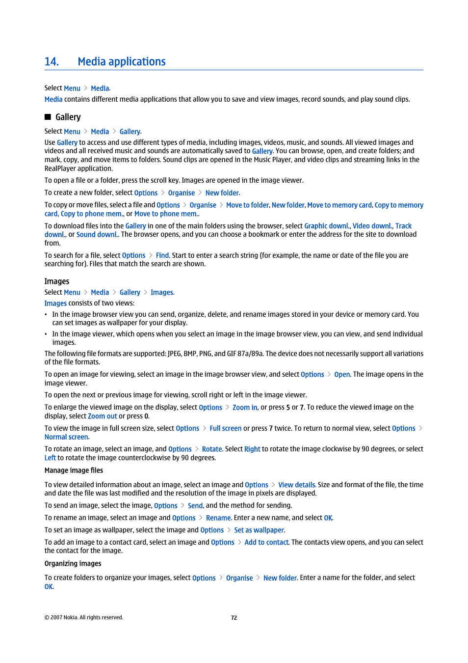 Media applications, Gallery, Images | Manage image files, Organizing images | Nokia E65 User Manual | Page 72 / 99