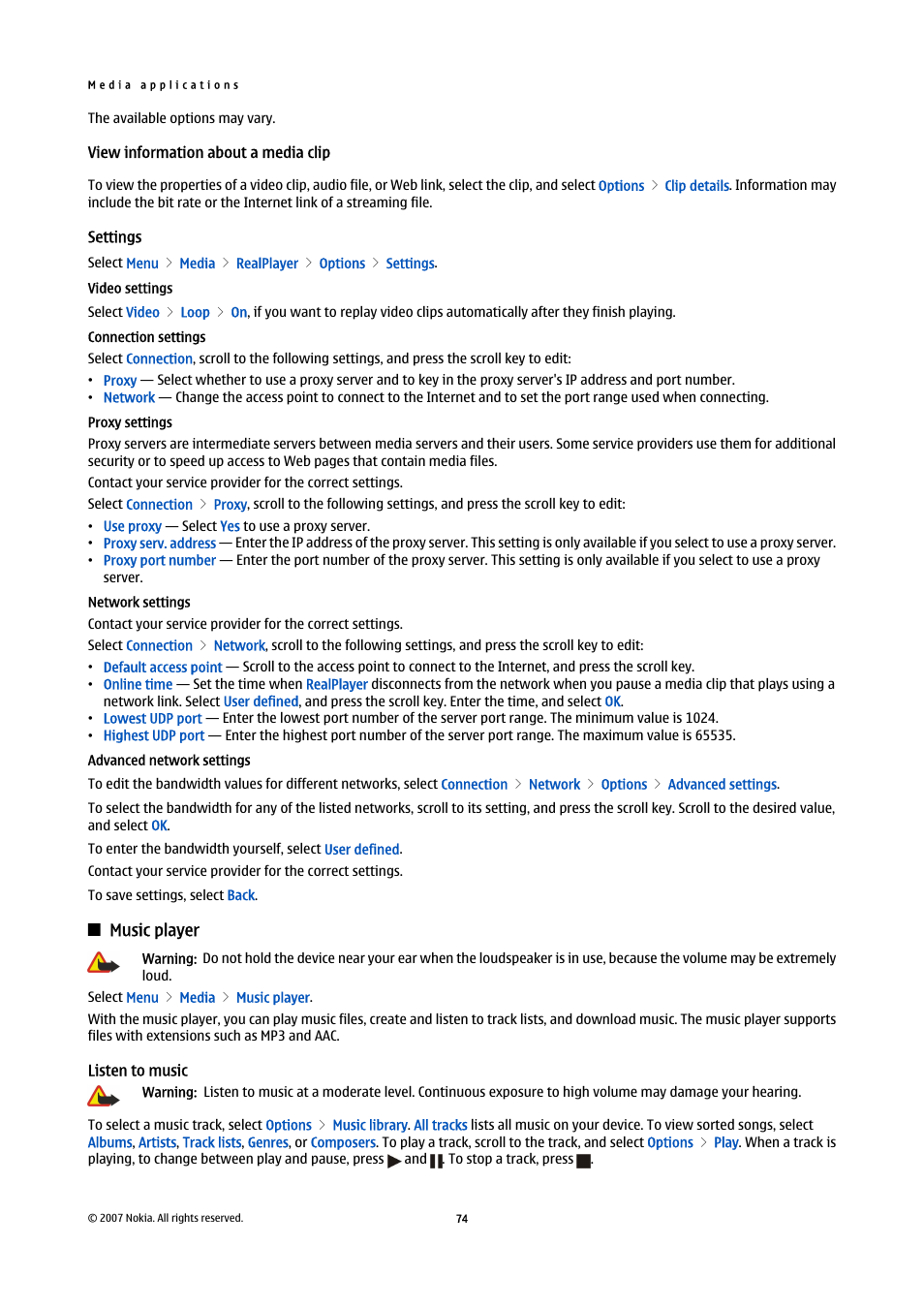 View information about a media clip, Settings, Video settings | Connection settings, Proxy settings, Network settings, Advanced network settings, Music player, Listen to music | Nokia E65 User Manual | Page 74 / 99