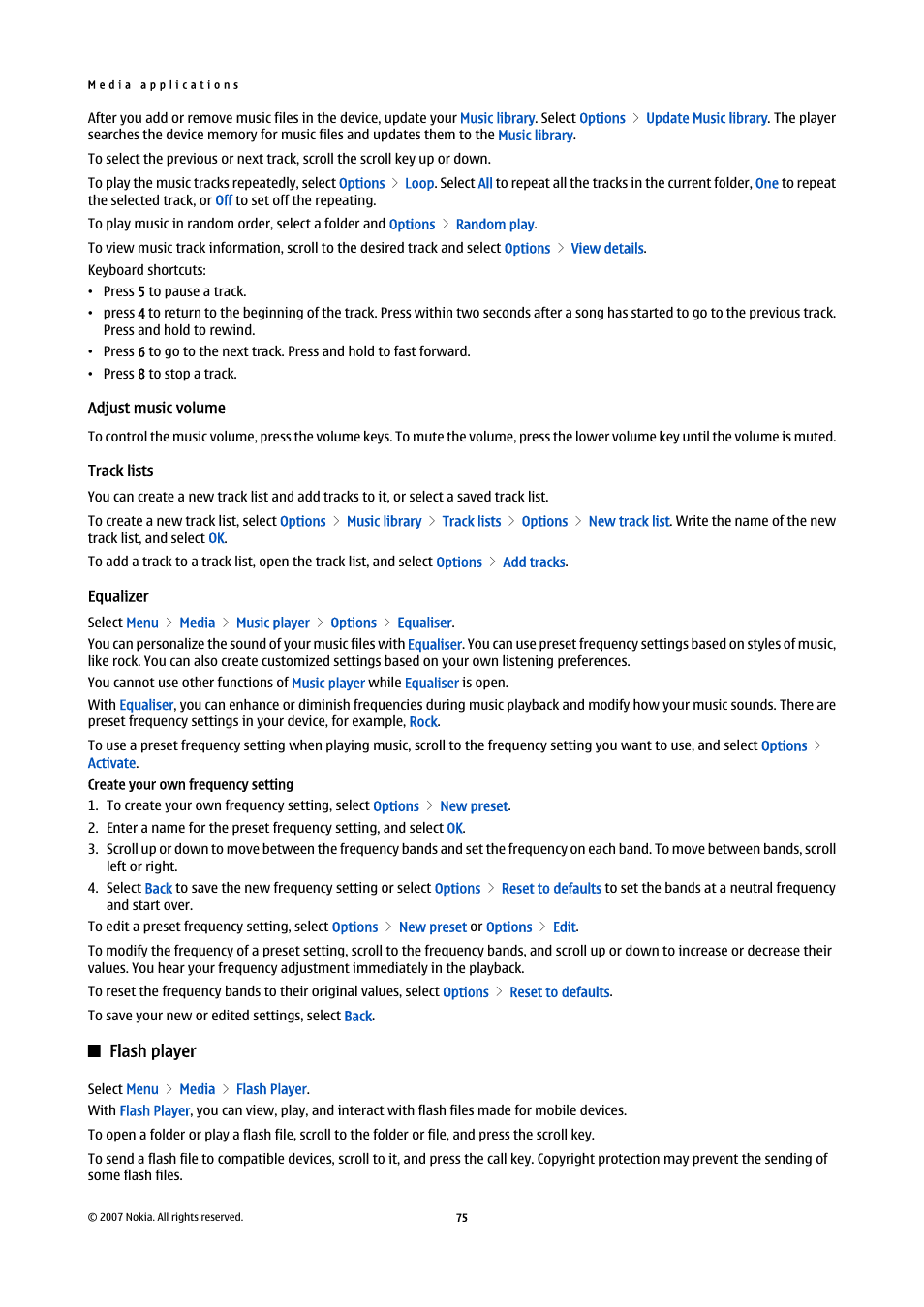 Adjust music volume, Track lists, Equalizer | Flash player | Nokia E65 User Manual | Page 75 / 99