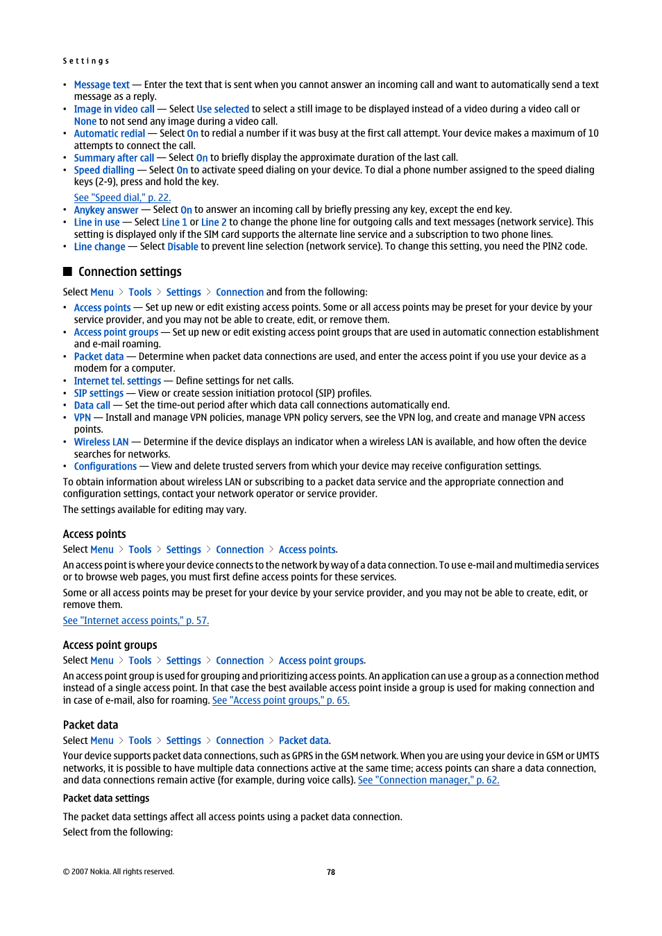 Connection settings, Access points, Access point groups | Packet data, Packet data settings, See "access points," p. 78 | Nokia E65 User Manual | Page 78 / 99