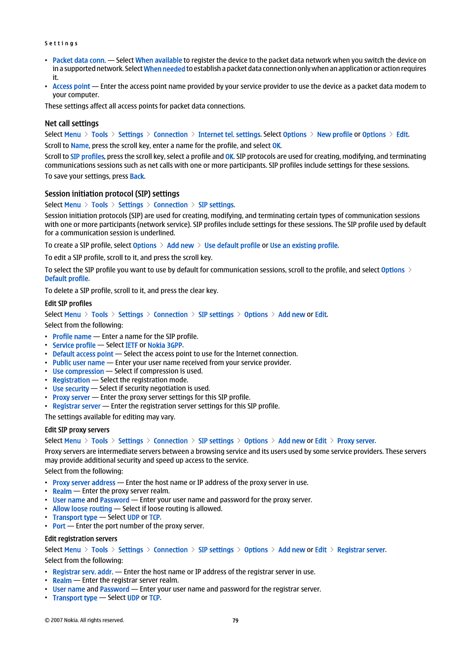 Net call settings, Session initiation protocol (sip) settings, Edit sip profiles | Edit sip proxy servers, Edit registration servers | Nokia E65 User Manual | Page 79 / 99