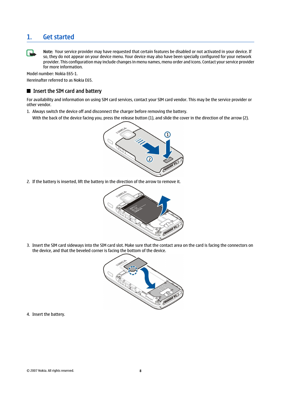Get started, Insert the sim card and battery | Nokia E65 User Manual | Page 8 / 99