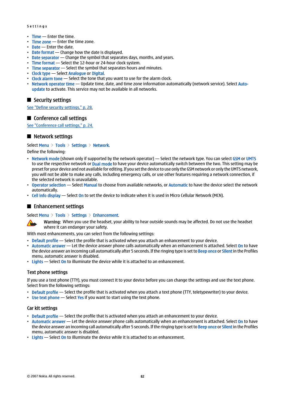 Security settings, Conference call settings, Network settings | Enhancement settings, Text phone settings, Car kit settings | Nokia E65 User Manual | Page 82 / 99