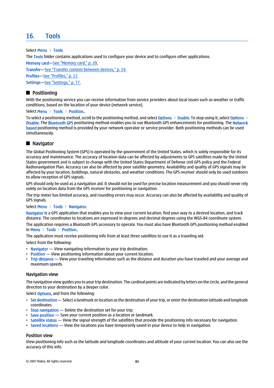 Tools, Positioning, Navigator | Navigation view, Position view | Nokia E65 User Manual | Page 83 / 99