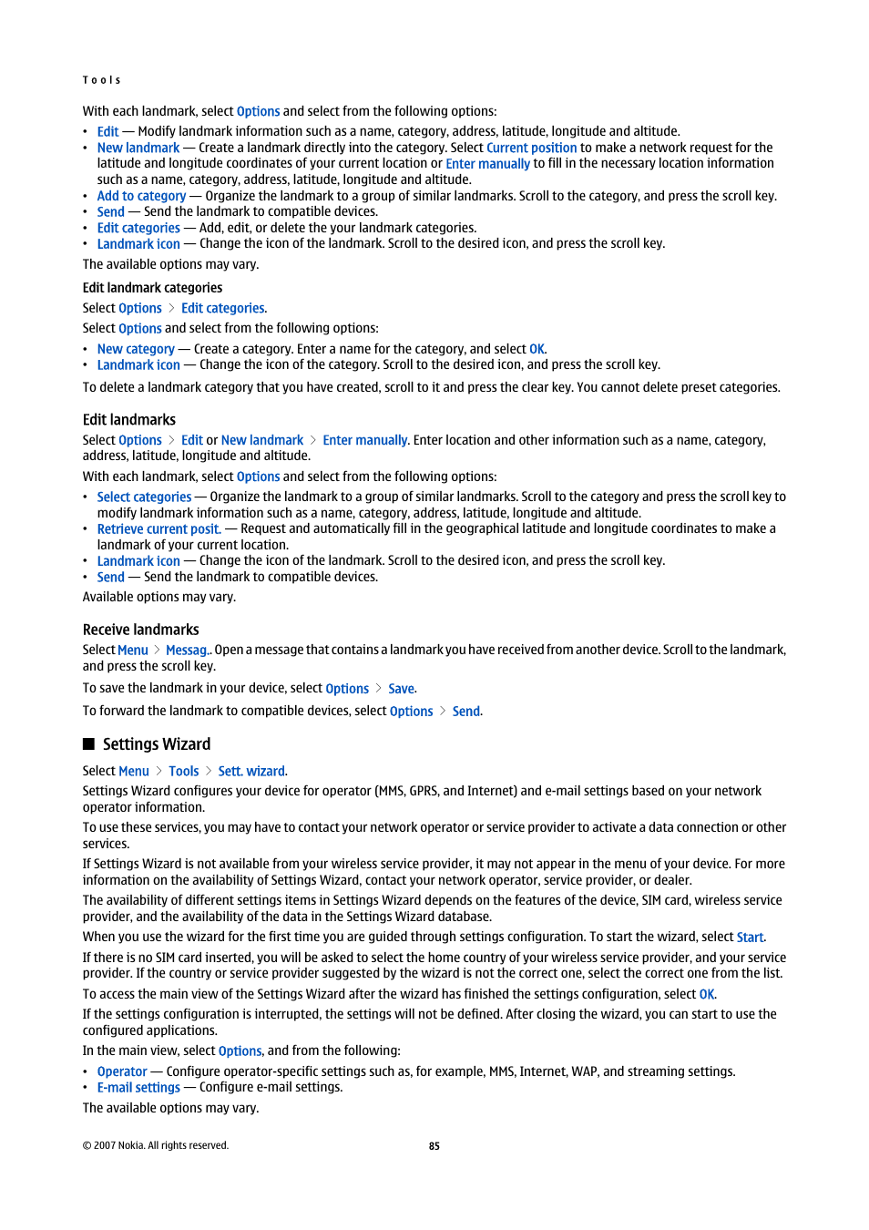 Edit landmark categories, Edit landmarks, Receive landmarks | Settings wizard | Nokia E65 User Manual | Page 85 / 99