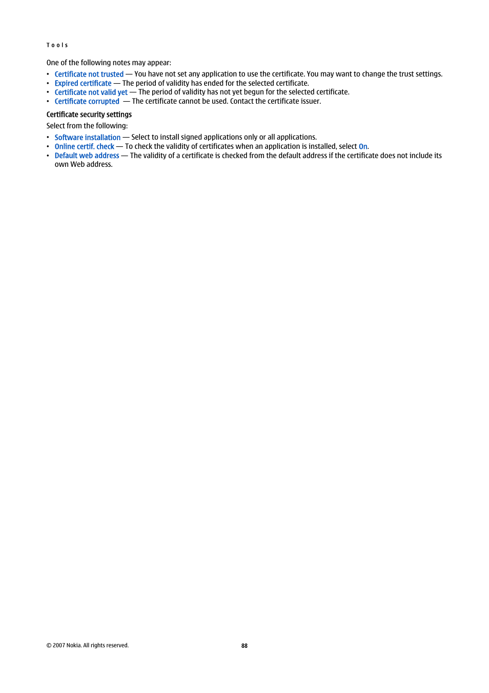 Certificate security settings | Nokia E65 User Manual | Page 88 / 99