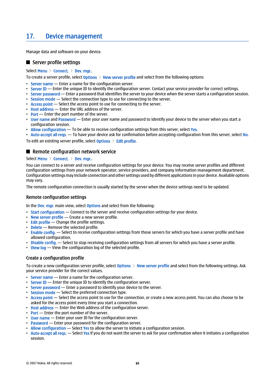 Device management, Server profile settings, Remote configuration network service | Remote configuration settings, Create a configuration profile | Nokia E65 User Manual | Page 89 / 99