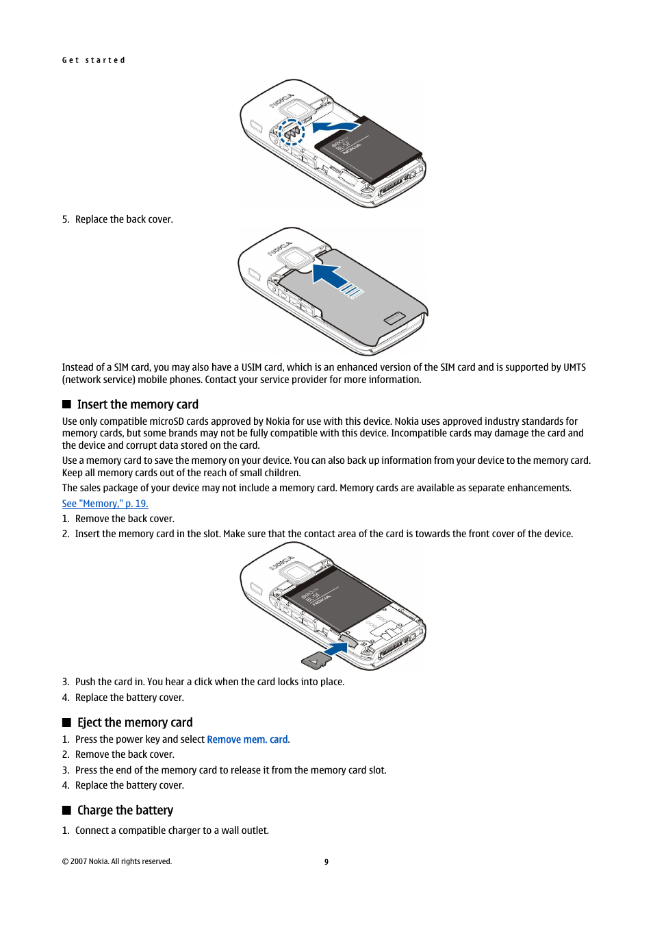 Insert the memory card, Eject the memory card, Charge the battery | Nokia E65 User Manual | Page 9 / 99