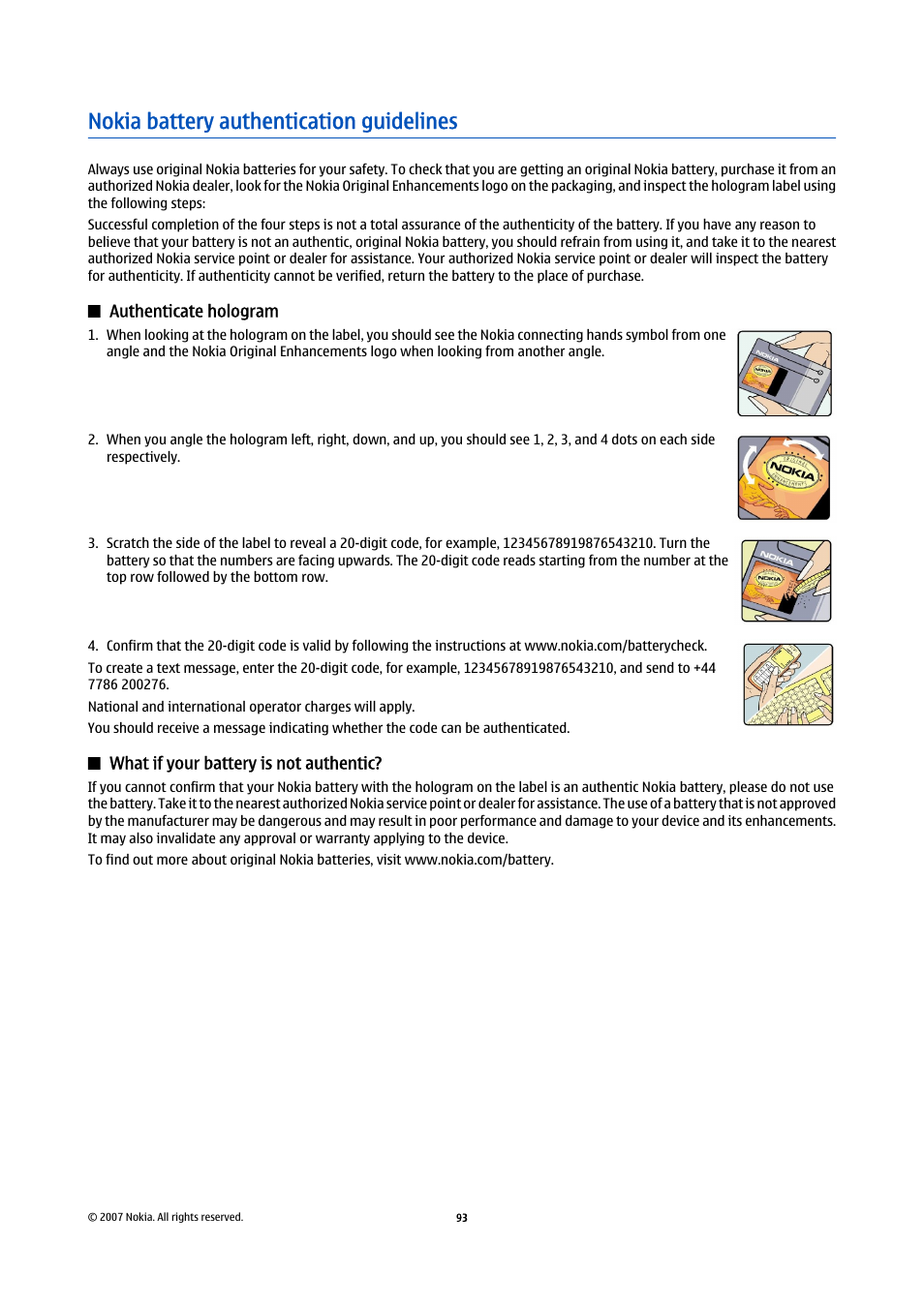 Nokia battery authentication guidelines, Authenticate hologram, What if your battery is not authentic | Nokia E65 User Manual | Page 93 / 99