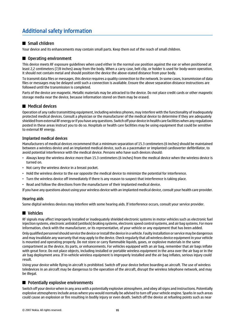 Additional safety information, Small children, Operating environment | Medical devices, Implanted medical devices, Hearing aids, Vehicles, Potentially explosive environments | Nokia E65 User Manual | Page 95 / 99