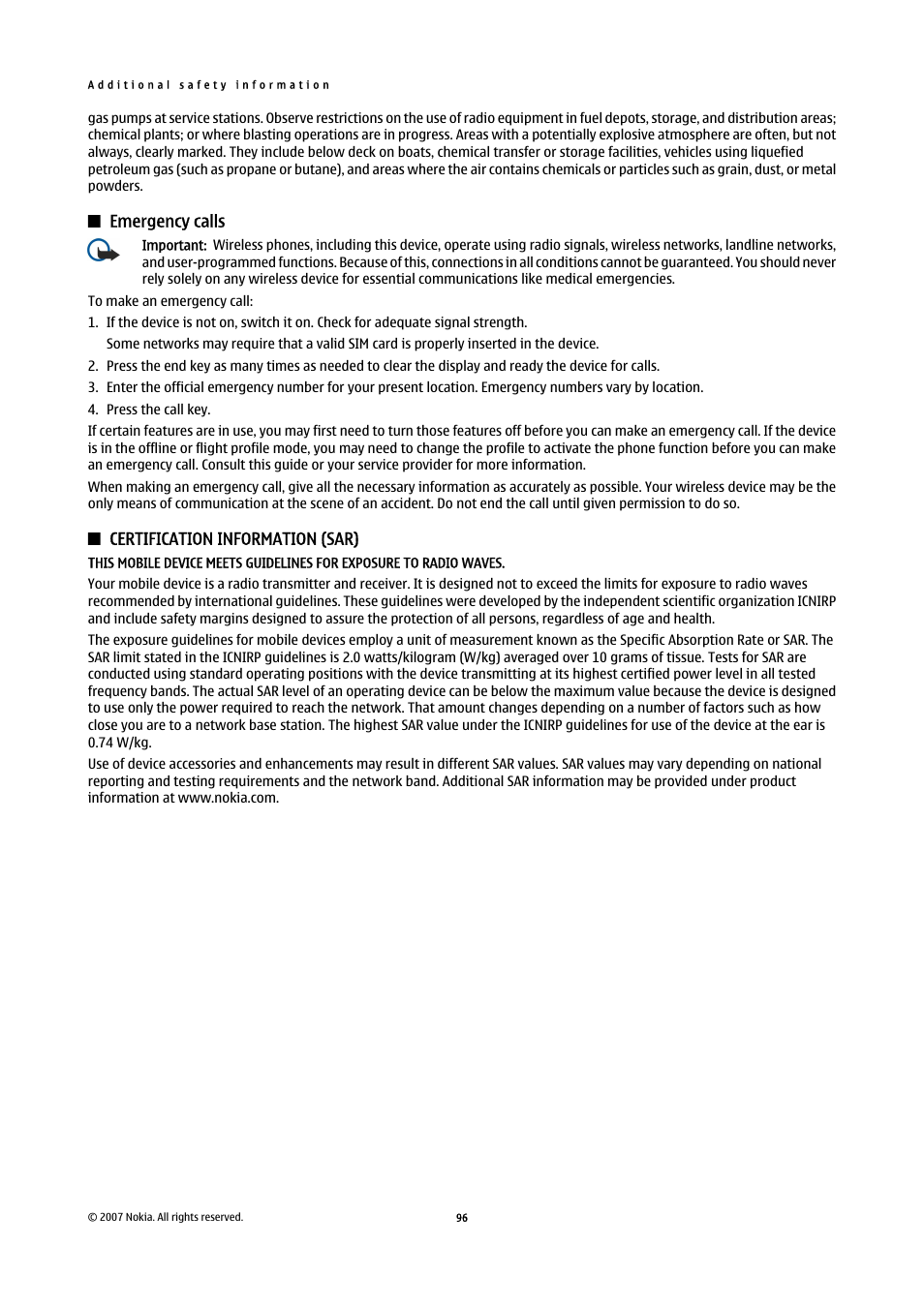 Emergency calls, Certification information (sar) | Nokia E65 User Manual | Page 96 / 99