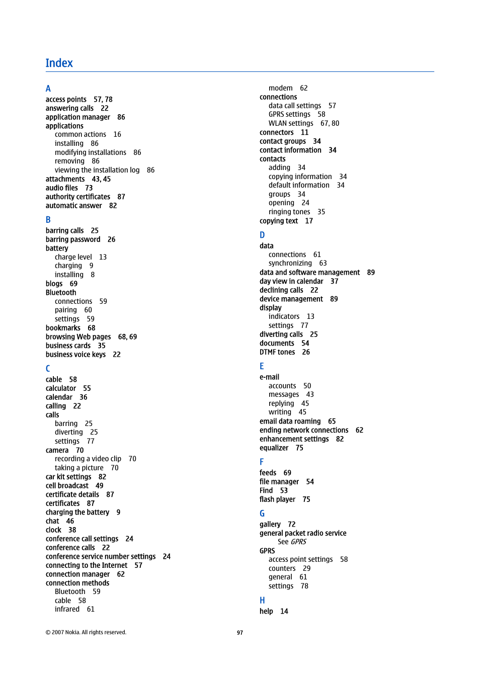 Index | Nokia E65 User Manual | Page 97 / 99