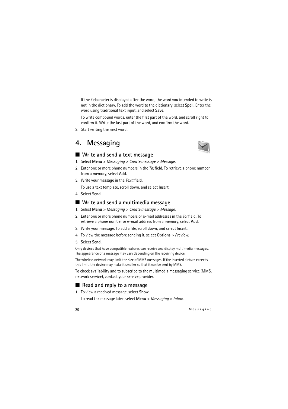 Messaging, Write and send a text message, Write and send a multimedia message | Read and reply to a message | Nokia 8800 Gold Arte User Manual | Page 20 / 54