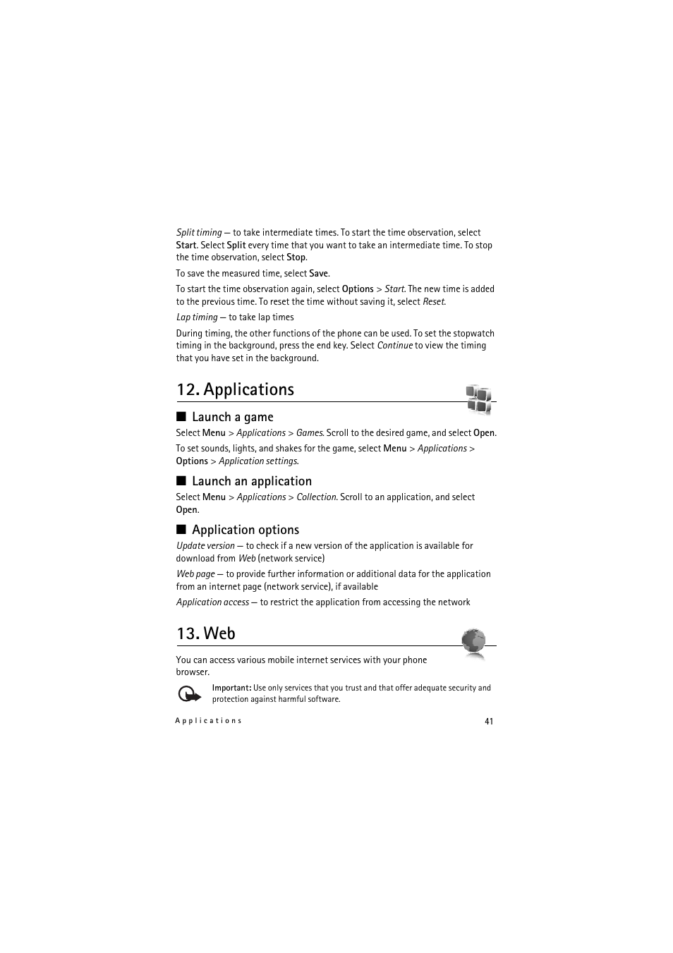 Applications, Launch a game, Launch an application | Application options | Nokia 8800 Gold Arte User Manual | Page 41 / 54