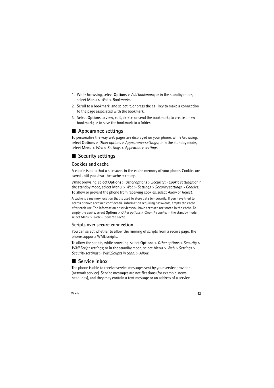 Appearance settings, Security settings, Service inbox | Nokia 8800 Gold Arte User Manual | Page 43 / 54