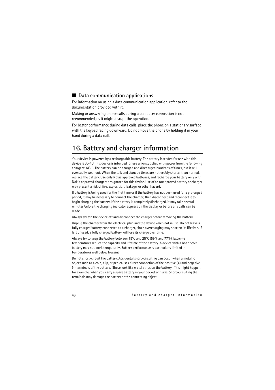 Data communication applications, Battery and charger information | Nokia 8800 Gold Arte User Manual | Page 46 / 54