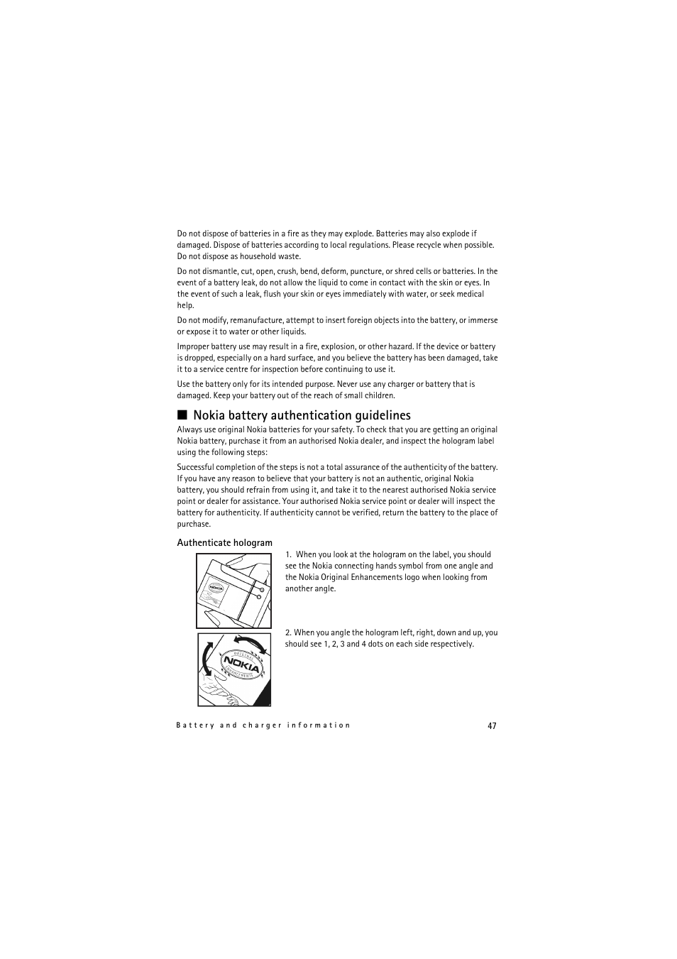 Nokia battery authen, Nokia battery authentication guidelines | Nokia 8800 Gold Arte User Manual | Page 47 / 54