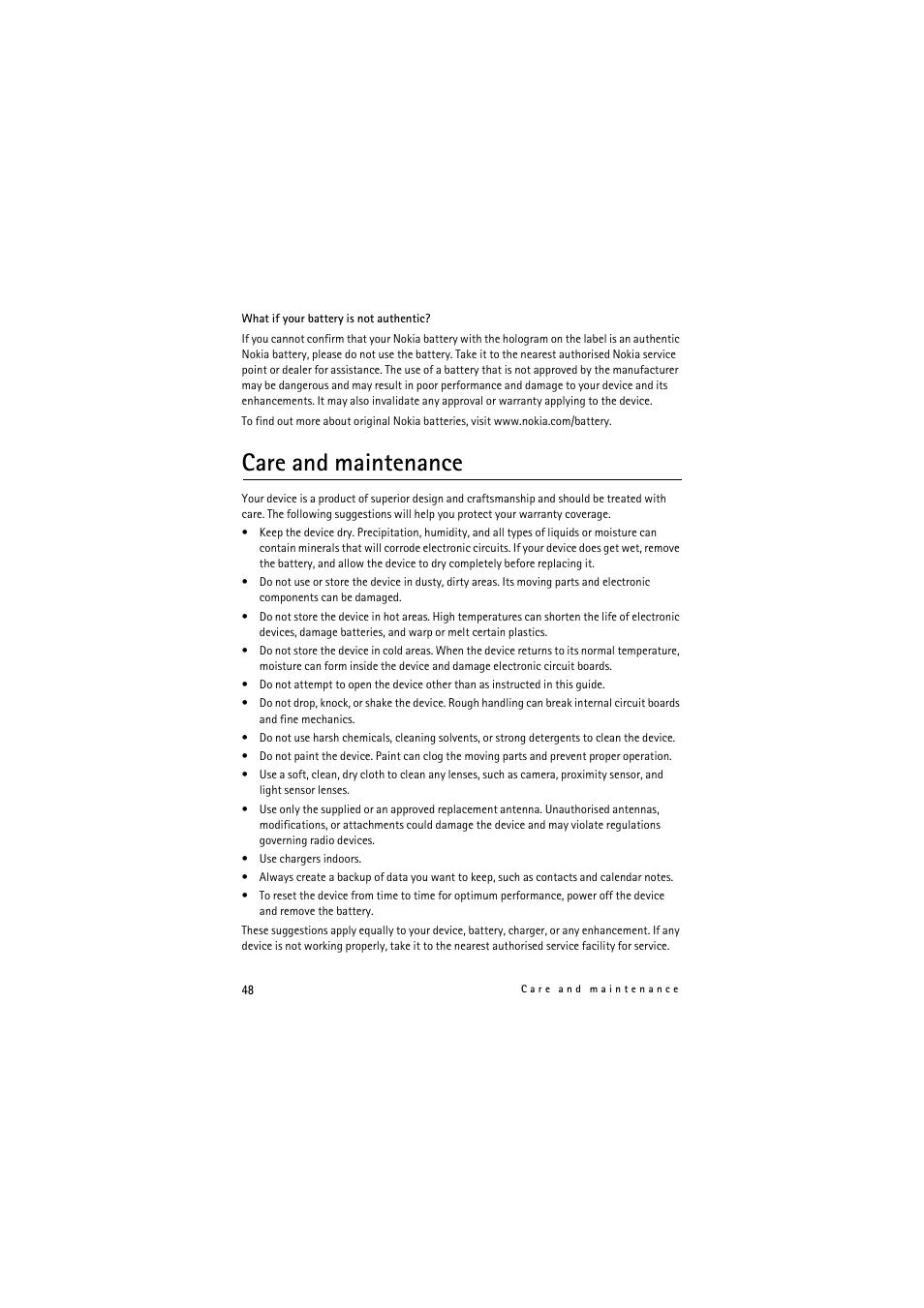 Care and maintenance | Nokia 8800 Gold Arte User Manual | Page 48 / 54