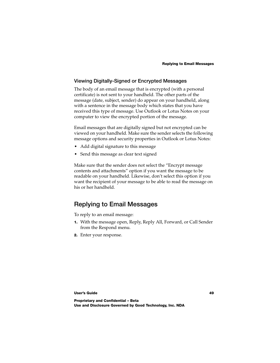 Viewing digitally-signed or encrypted messages, Replying to email messages, Viewing digitally-signed or encrypted messages 49 | Nokia E62 User Manual | Page 47 / 112