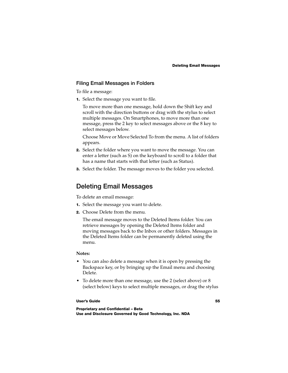 Filing email messages in folders, Deleting email messages, Filing email messages in folders 55 | Deleting email messages 55 | Nokia E62 User Manual | Page 53 / 112