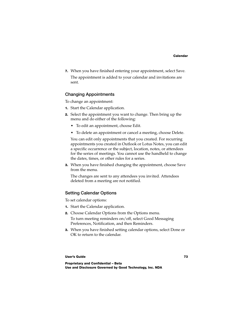 Changing appointments, Setting calendar options, Setting calendar options 73 | Nokia E62 User Manual | Page 71 / 112