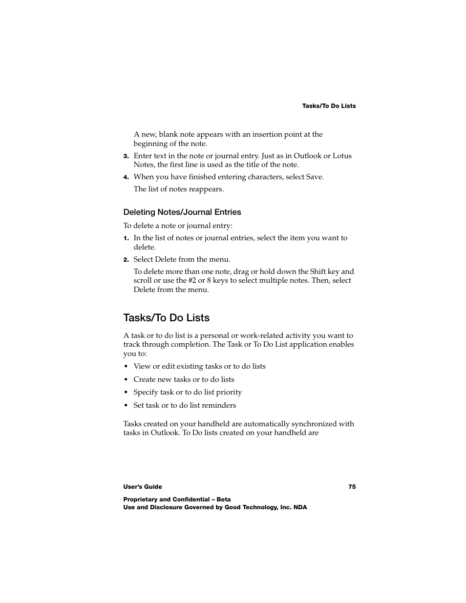 Deleting notes/journal entries, Tasks/to do lists, Deleting notes/journal entries 75 | Tasks/to do lists 75 | Nokia E62 User Manual | Page 73 / 112