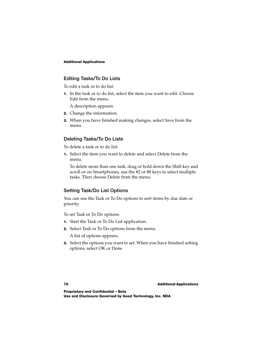 Editing tasks/to do lists, Deleting tasks/to do lists, Setting task/do list options | Nokia E62 User Manual | Page 76 / 112