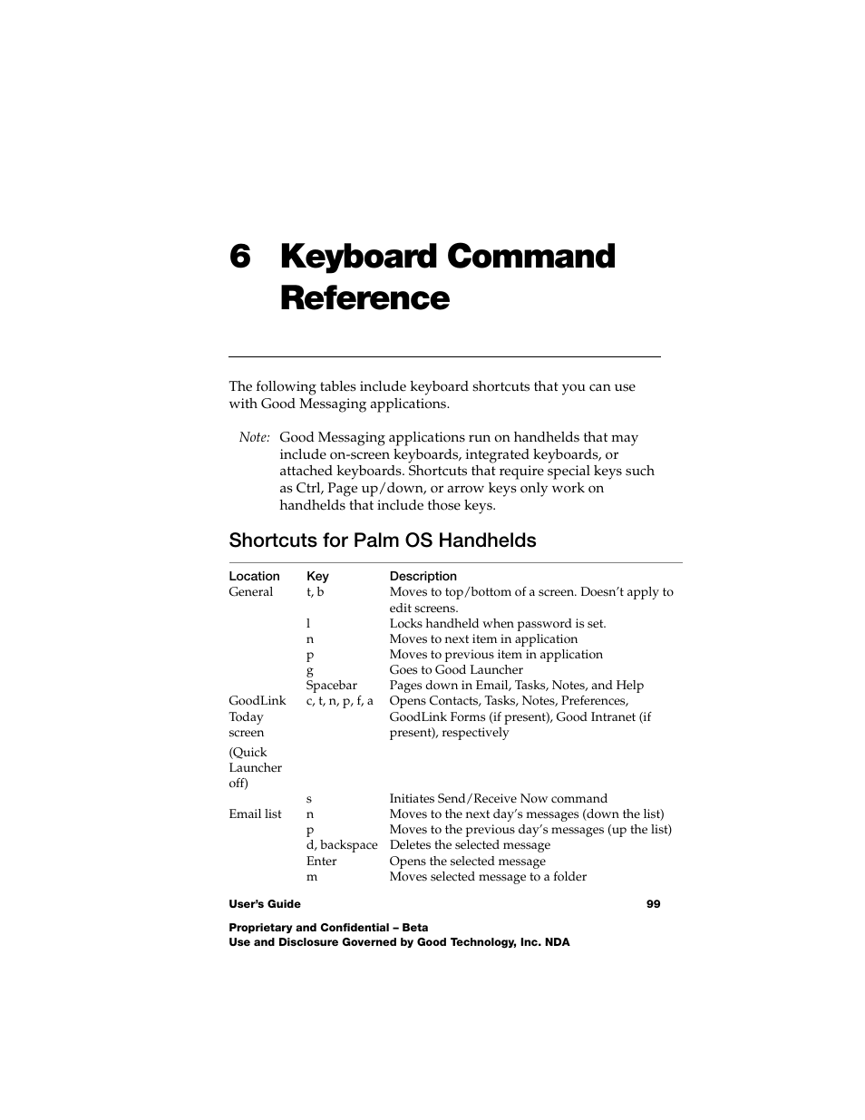 6 keyboard command reference, Shortcuts for palm os handhelds, Shortcuts for palm os handhelds 99 | Nokia E62 User Manual | Page 97 / 112