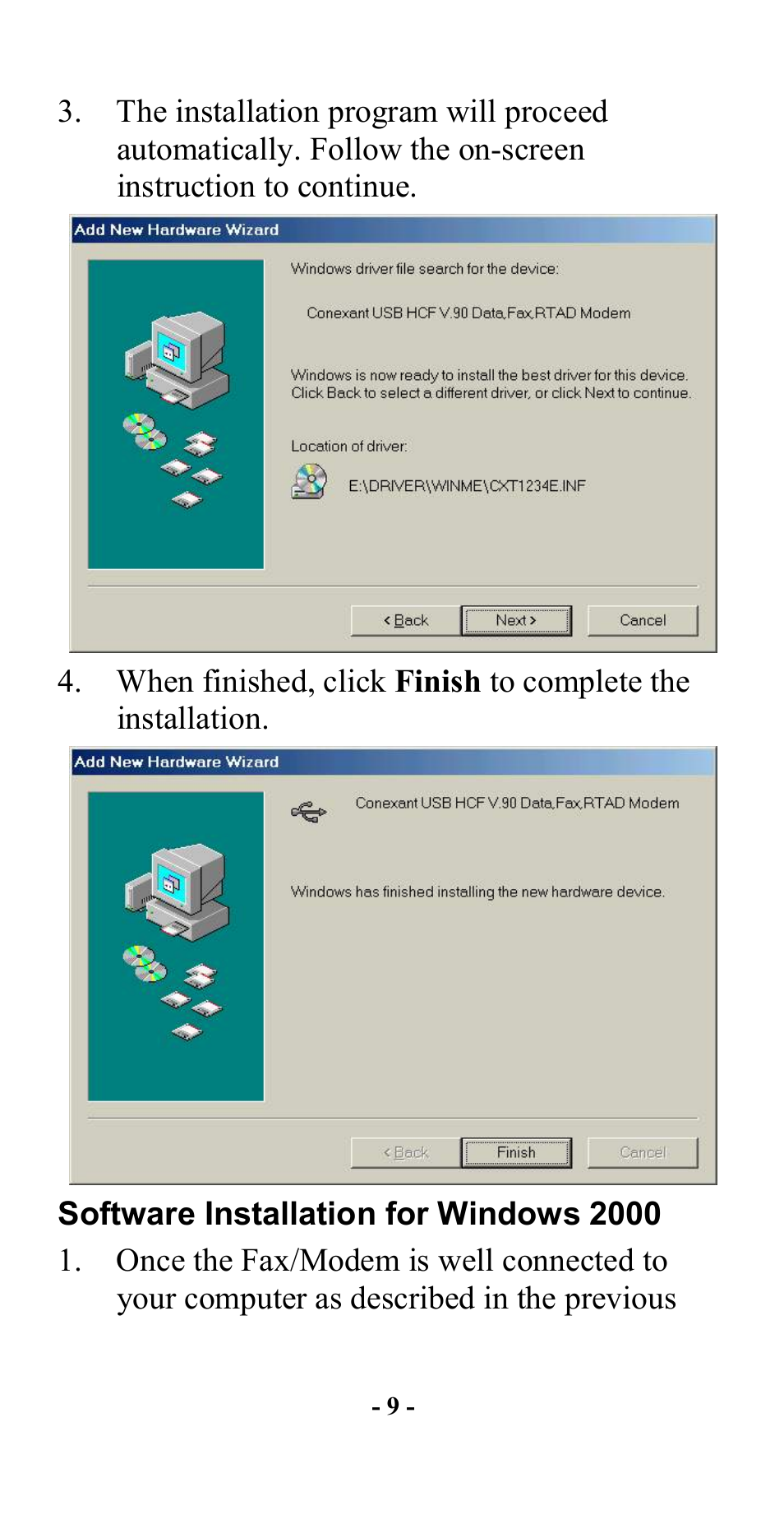 Software installation for windows 2000 | Abocom UCM56CR User Manual | Page 10 / 16