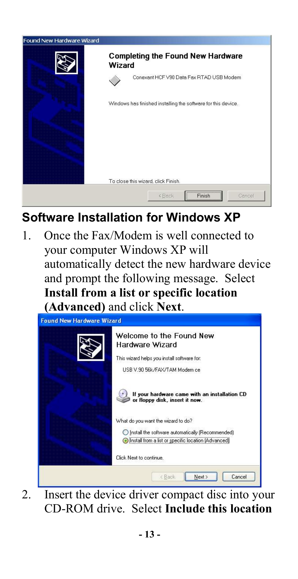 Software installation for windows xp | Abocom UCM56CR User Manual | Page 14 / 16