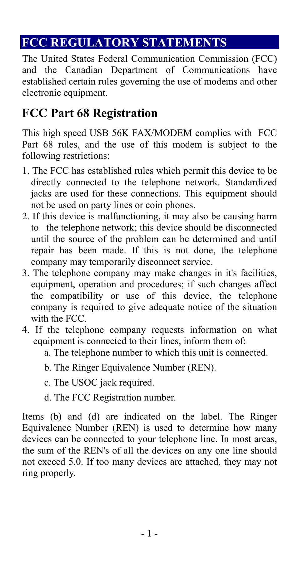 Fcc regulatory statements, Fcc part 68 registration | Abocom UCM56CR User Manual | Page 2 / 16