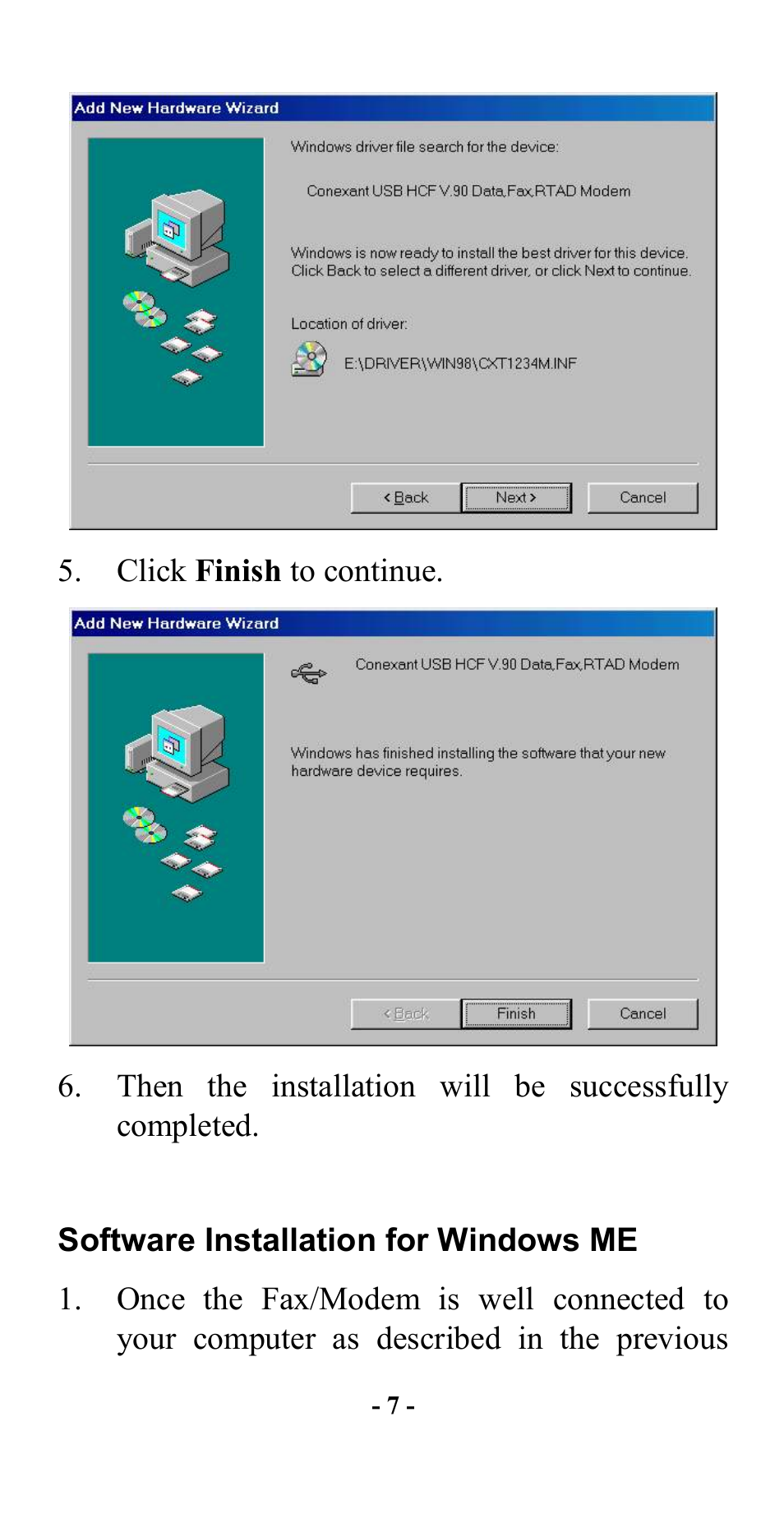 Software installation for windows me | Abocom UCM56CR User Manual | Page 8 / 16