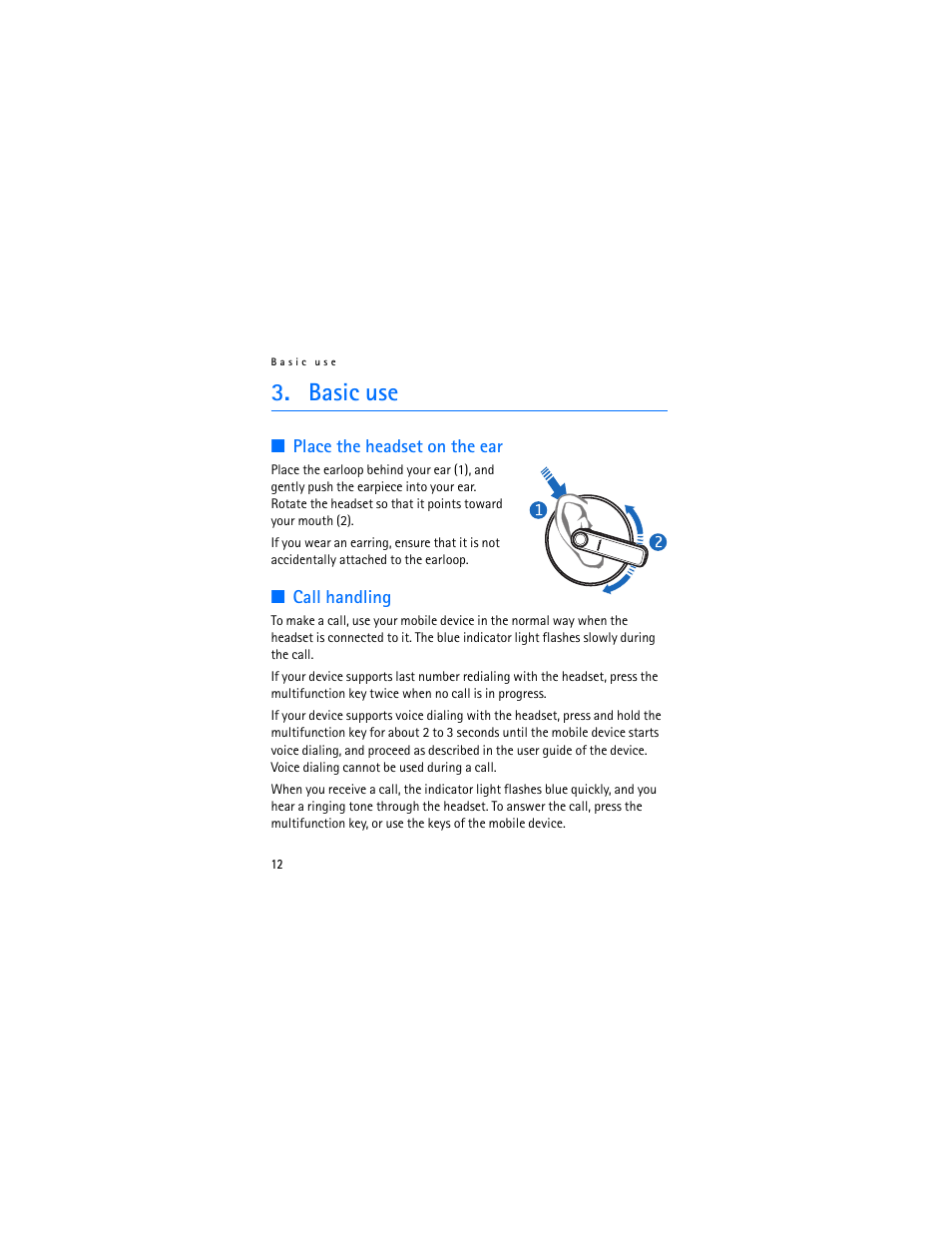 Basic use, Place the headset on the ear, Call handling | Place the headset on the ear call handling | Nokia Bluetooth Headset BH-701 User Manual | Page 12 / 17