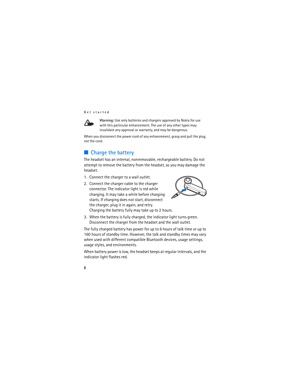 Charge the battery | Nokia Bluetooth Headset BH-701 User Manual | Page 8 / 17