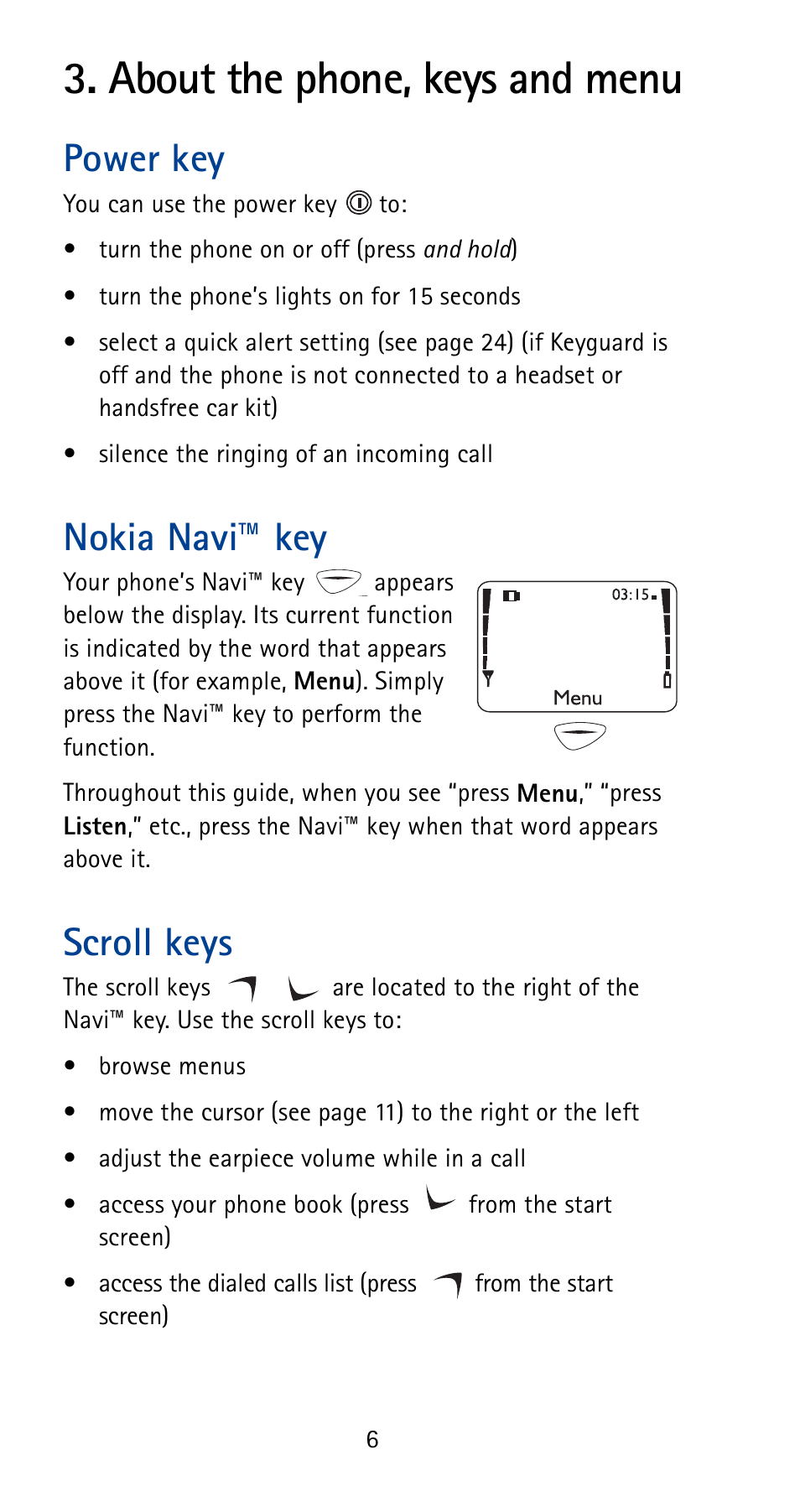 About the phone, keys and menu, Power key, Nokia navi™ key | Scroll keys, See p. 6 | Nokia 5125 User Manual | Page 12 / 92