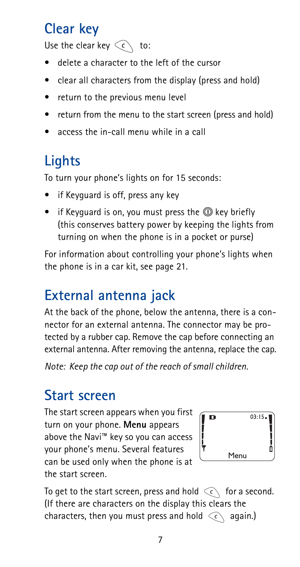 Clear key, Lights, External antenna jack | Start screen, See p. 7 | Nokia 5125 User Manual | Page 13 / 92