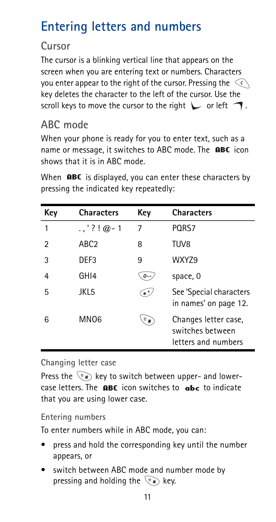 Entering letters and numbers, See p. 11, Cursor | Abc mode | Nokia 5125 User Manual | Page 17 / 92