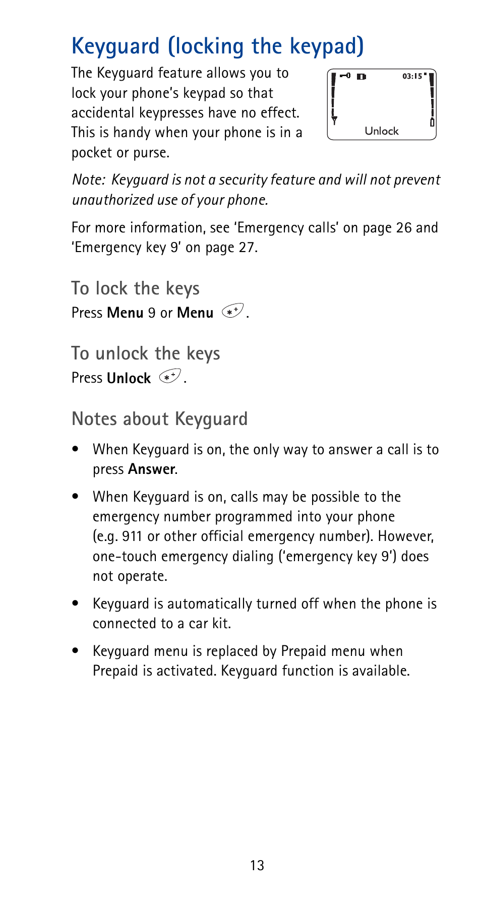 Keyguard (locking the keypad) | Nokia 5125 User Manual | Page 19 / 92