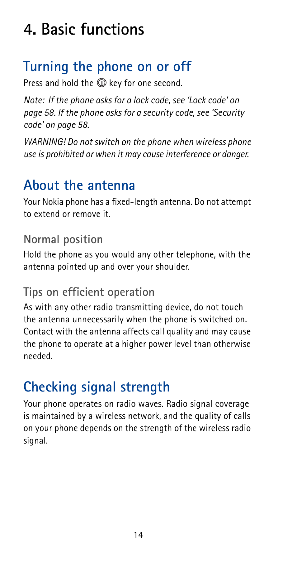 Basic functions, Turning the phone on or off, About the antenna | Checking signal strength | Nokia 5125 User Manual | Page 20 / 92