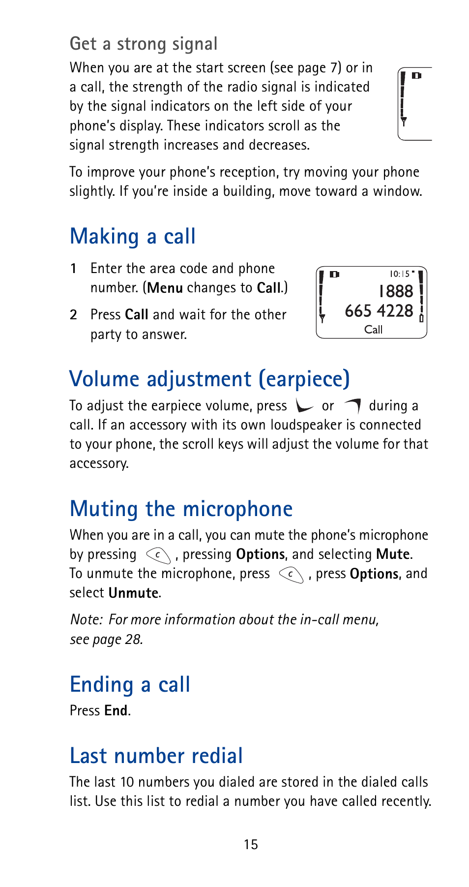 Making a call, Volume adjustment (earpiece), Muting the microphone | Ending a call, Last number redial, See p. 15 | Nokia 5125 User Manual | Page 21 / 92