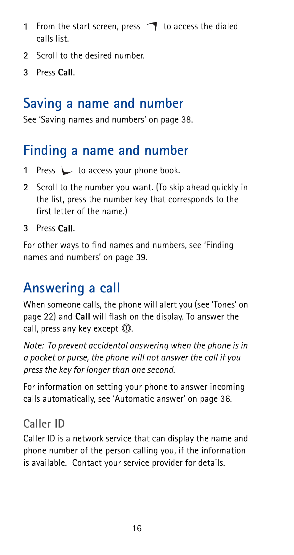 Saving a name and number, Finding a name and number, Answering a call | Caller id | Nokia 5125 User Manual | Page 22 / 92